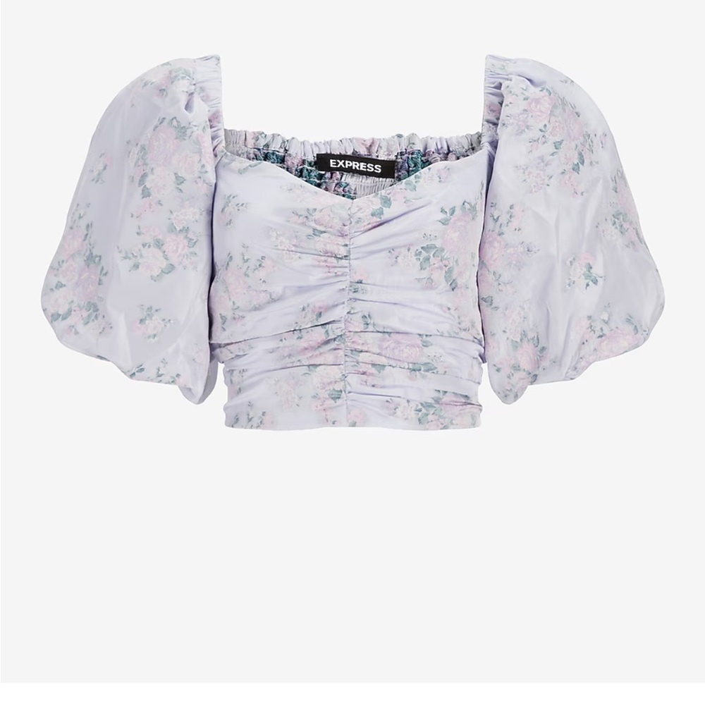 Floral Puff Sleeve Ruched Cropped Top